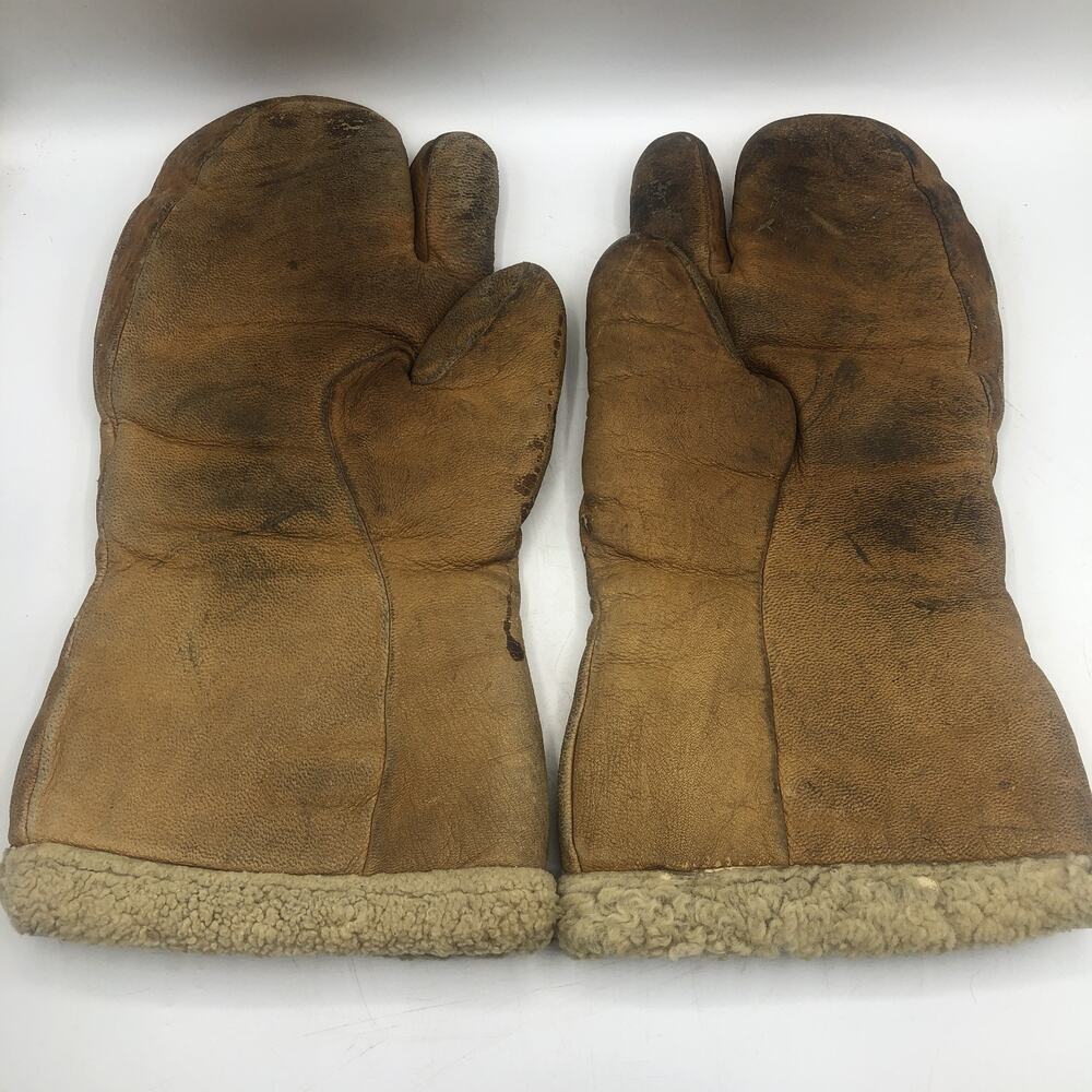 Vintage WWII USAAF Type A-9A Leather Shearling Flight Mittens 1944 Crocetta Lrg